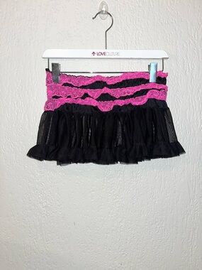Lingerie Pink & Black Lace Ruffled Mini Skirt SZ-S